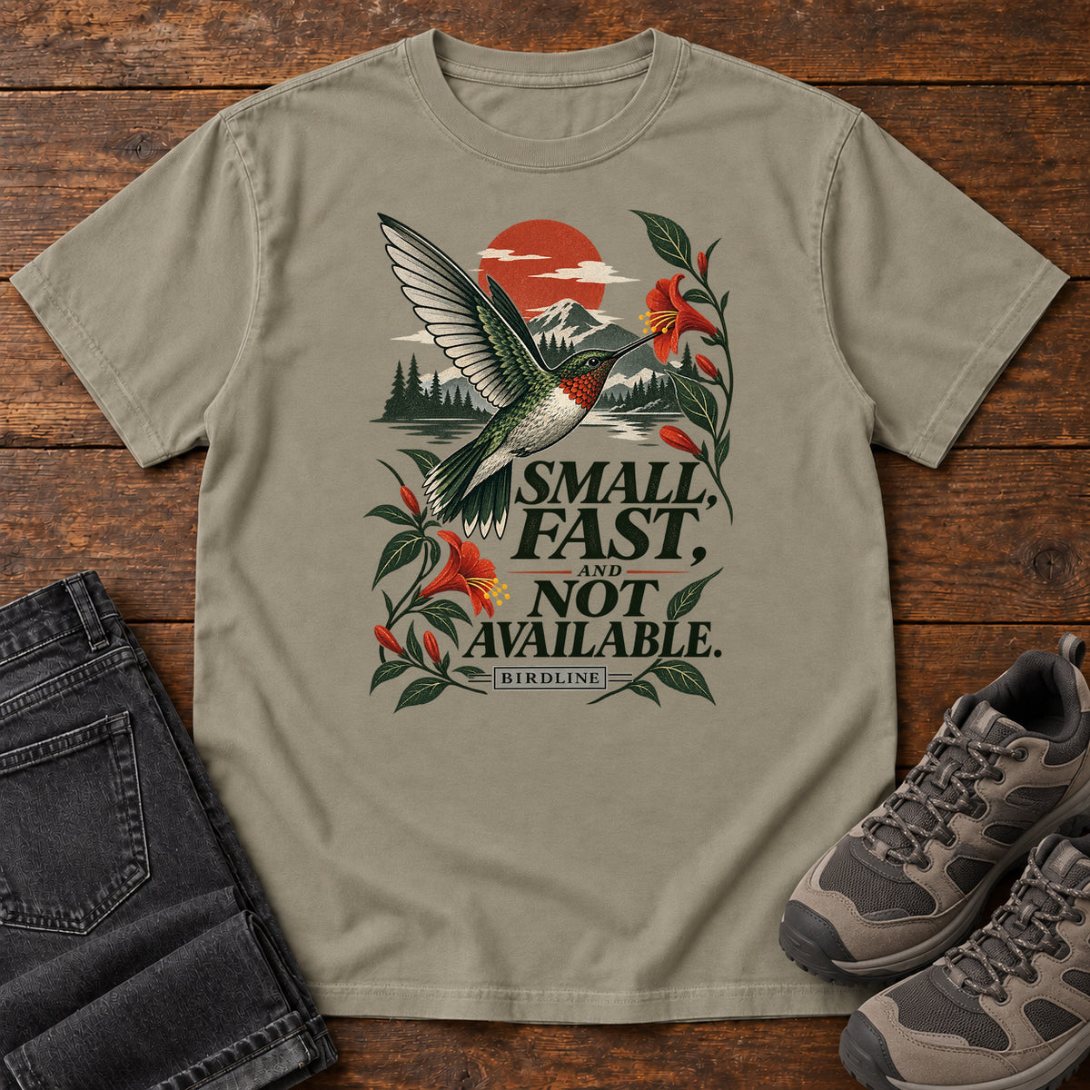 Small Fast and Not Available Hummingbird T-Shirt in Sandstone