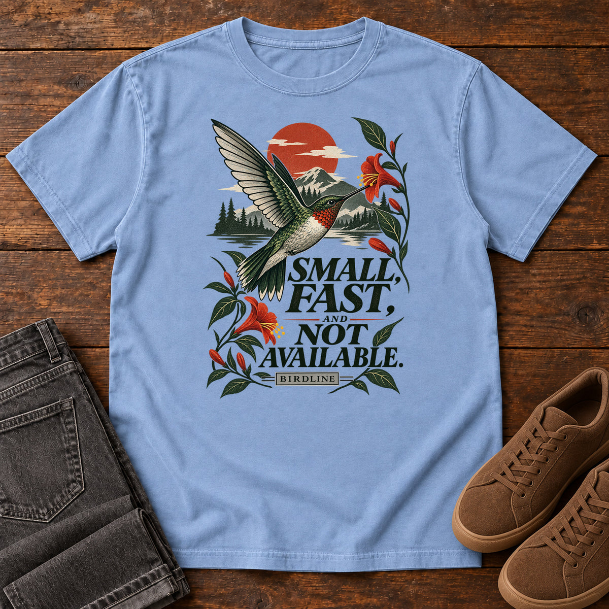 Small Fast and Not Available Hummingbird T-Shirt in Washed Denim