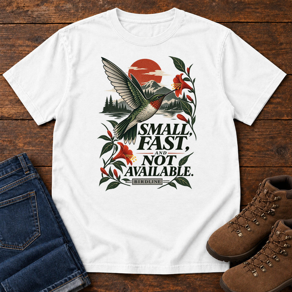 Small Fast and Not Available Hummingbird T-Shirt in White