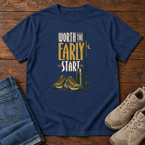 Worth the Early Start T-Shirt in True Navy, front view