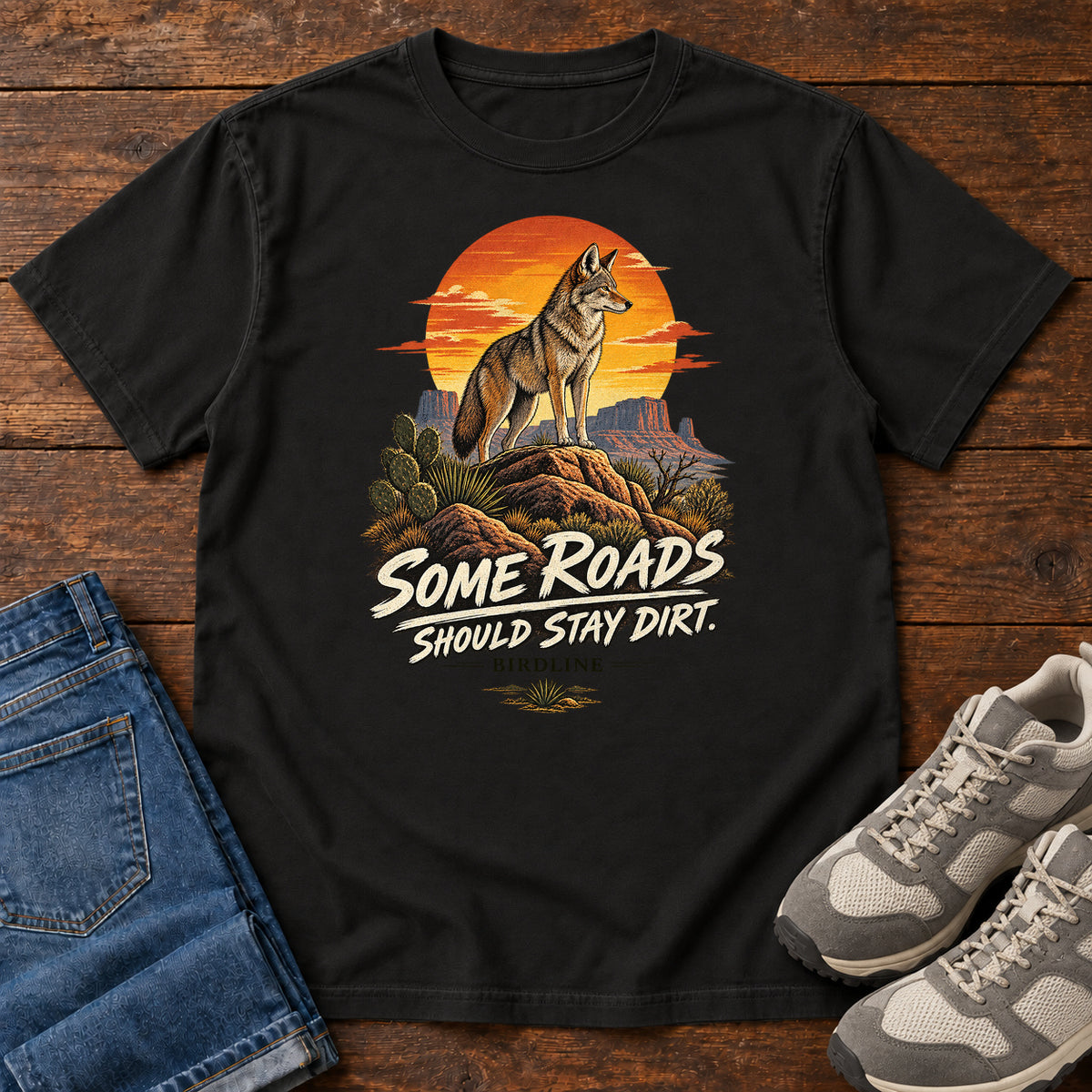 Some Roads Should Stay Dirt Coyote T-Shirt in Black