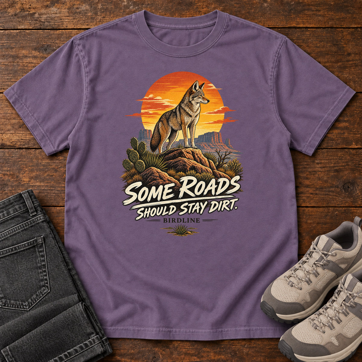 Some Roads Should Stay Dirt Coyote T-Shirt in Grape
