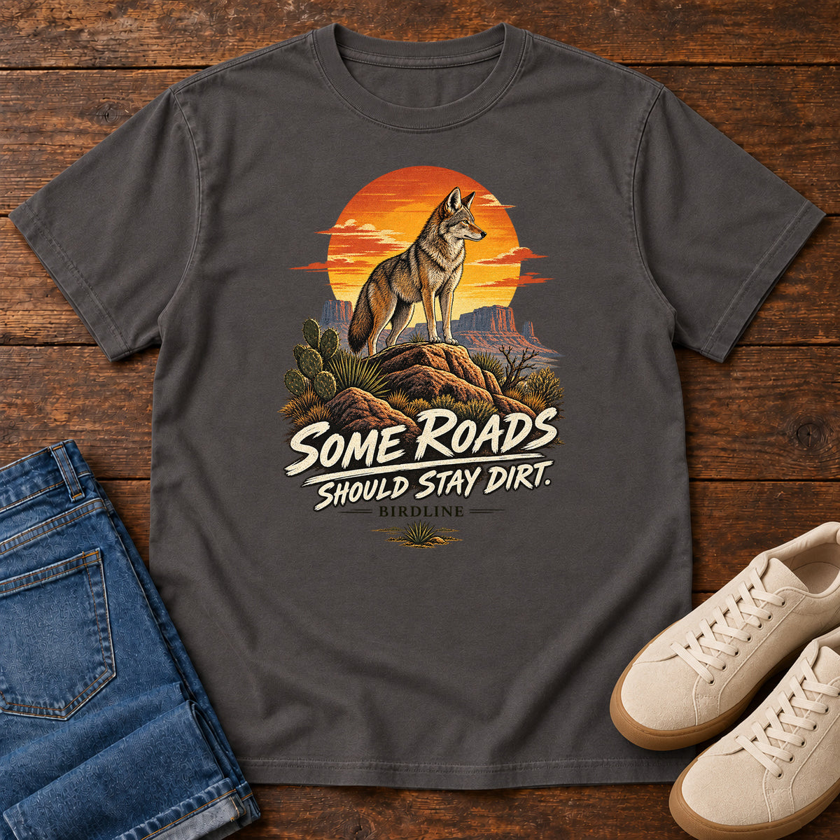 Some Roads Should Stay Dirt Coyote T-Shirt in Graphite