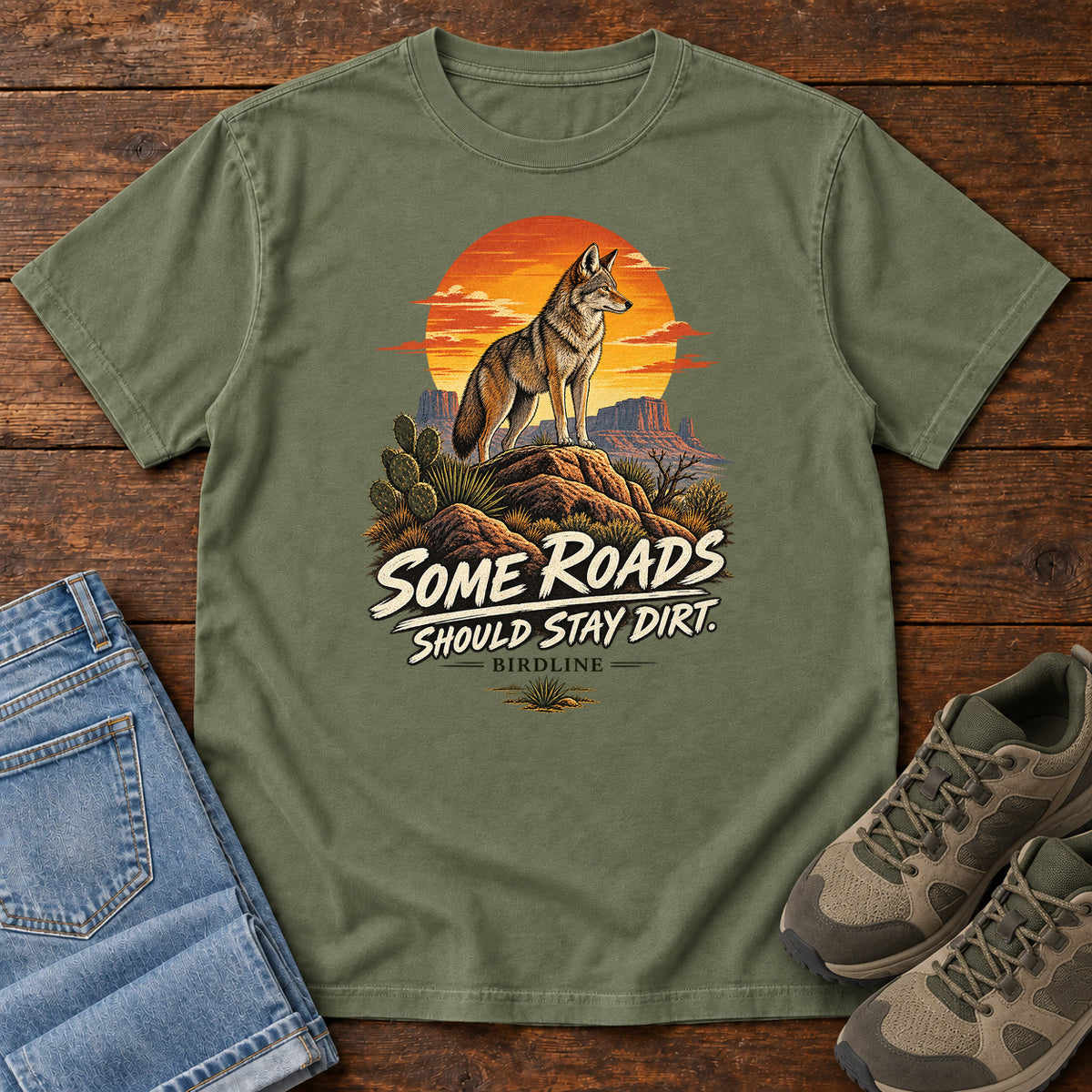 Some Roads Should Stay Dirt Coyote T-Shirt in Moss