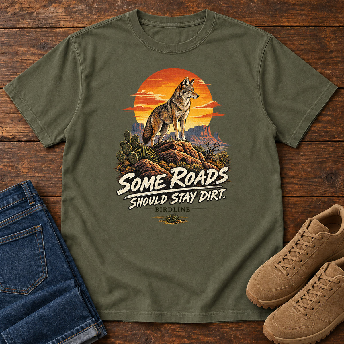Some Roads Should Stay Dirt Coyote T-Shirt in Sage