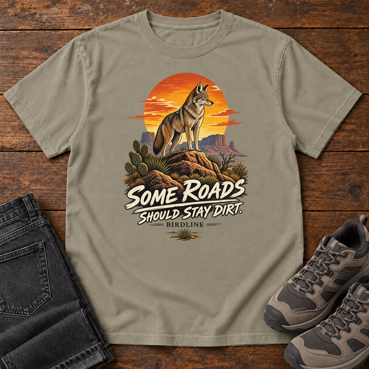 Some Roads Should Stay Dirt Coyote T-Shirt in Sandstone