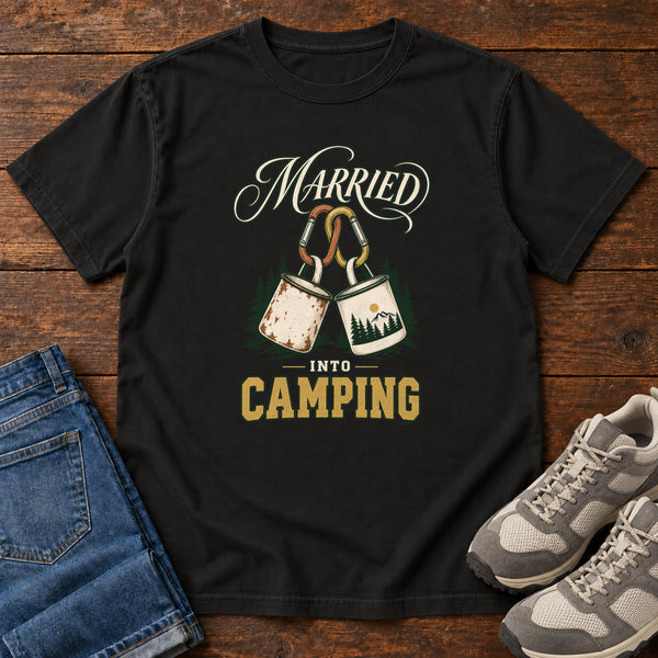 Married into Camping T-Shirt in Black, front view