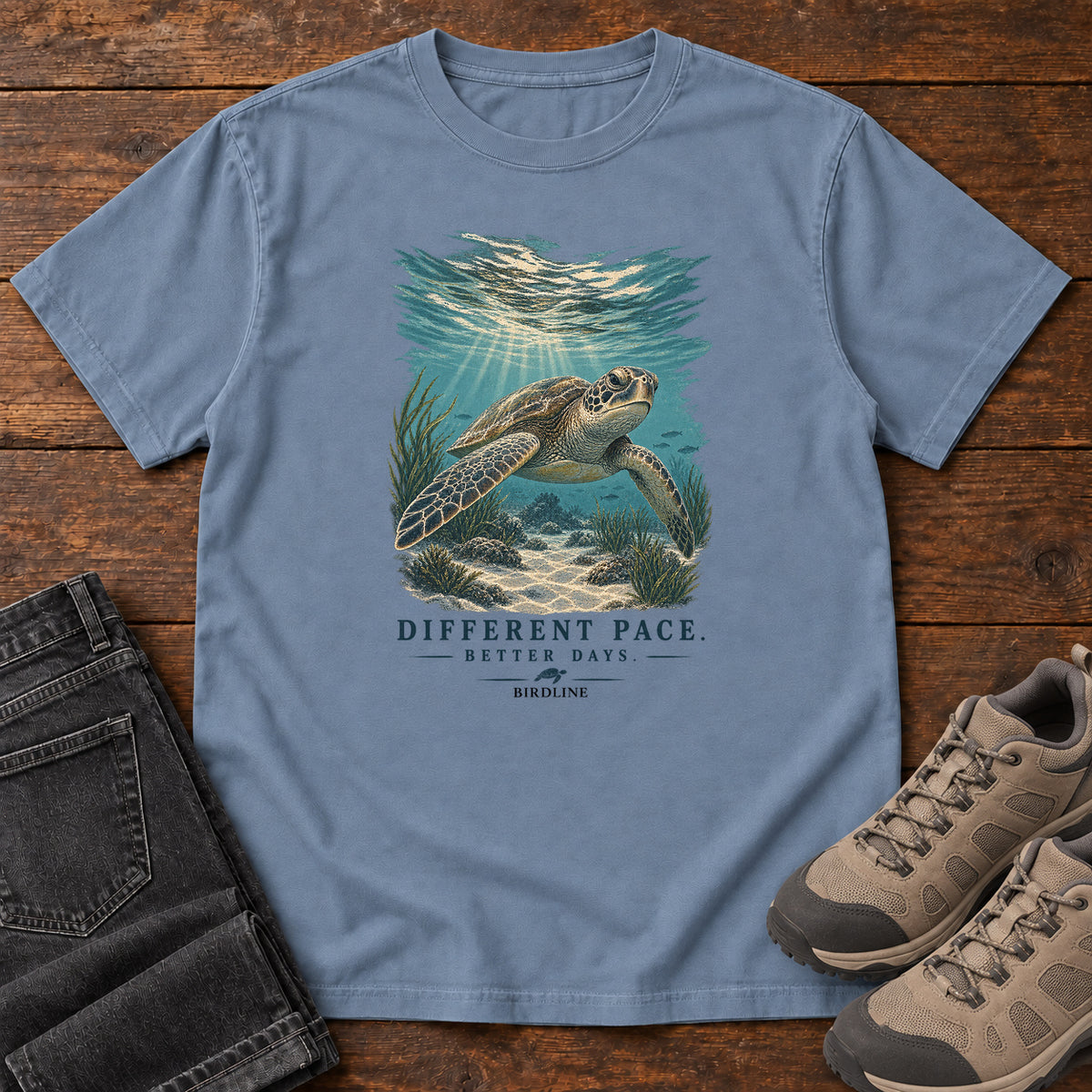 Different Pace Better Days Turtle T-Shirt in Blue Jean