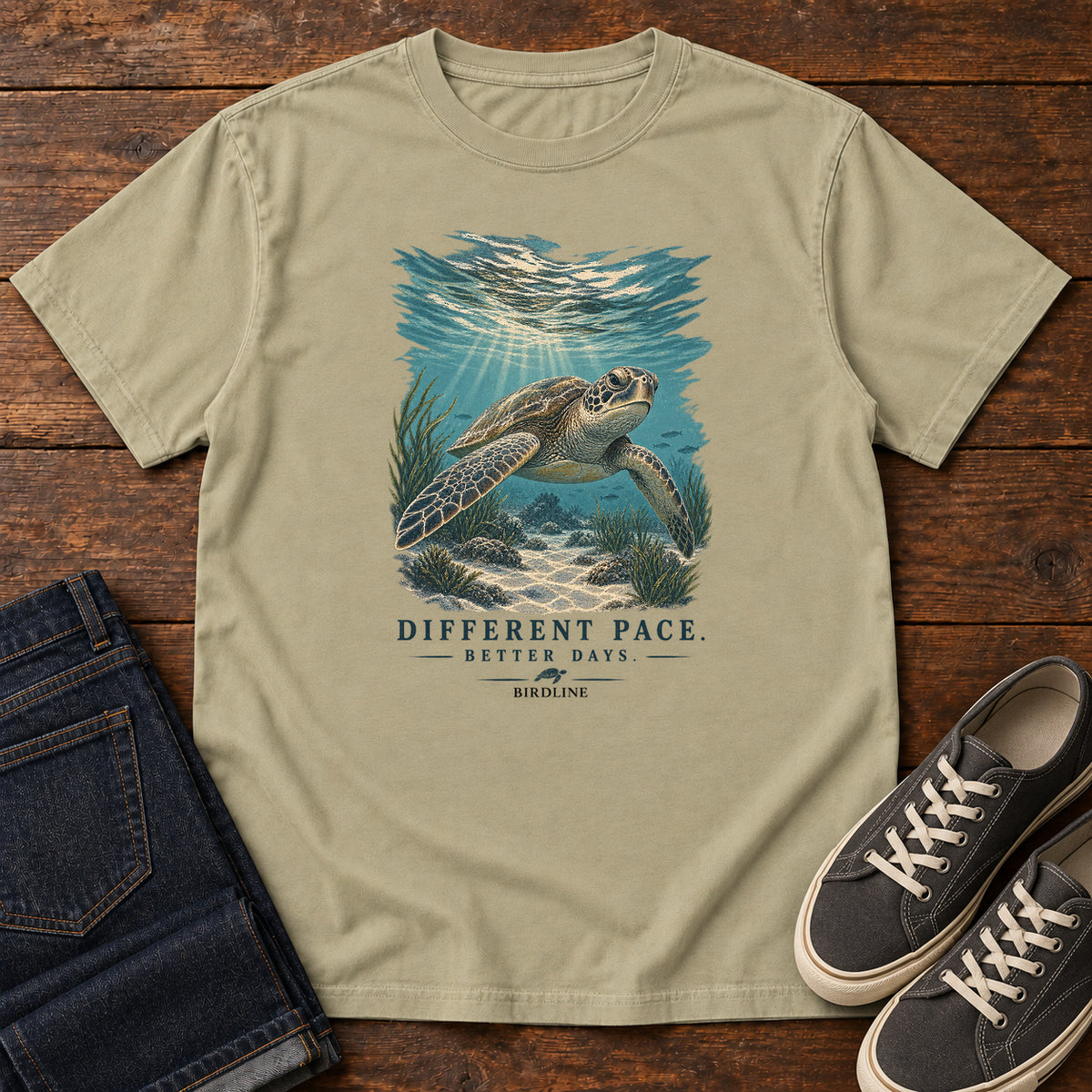 Different Pace Better Days Turtle T-Shirt in Khaki