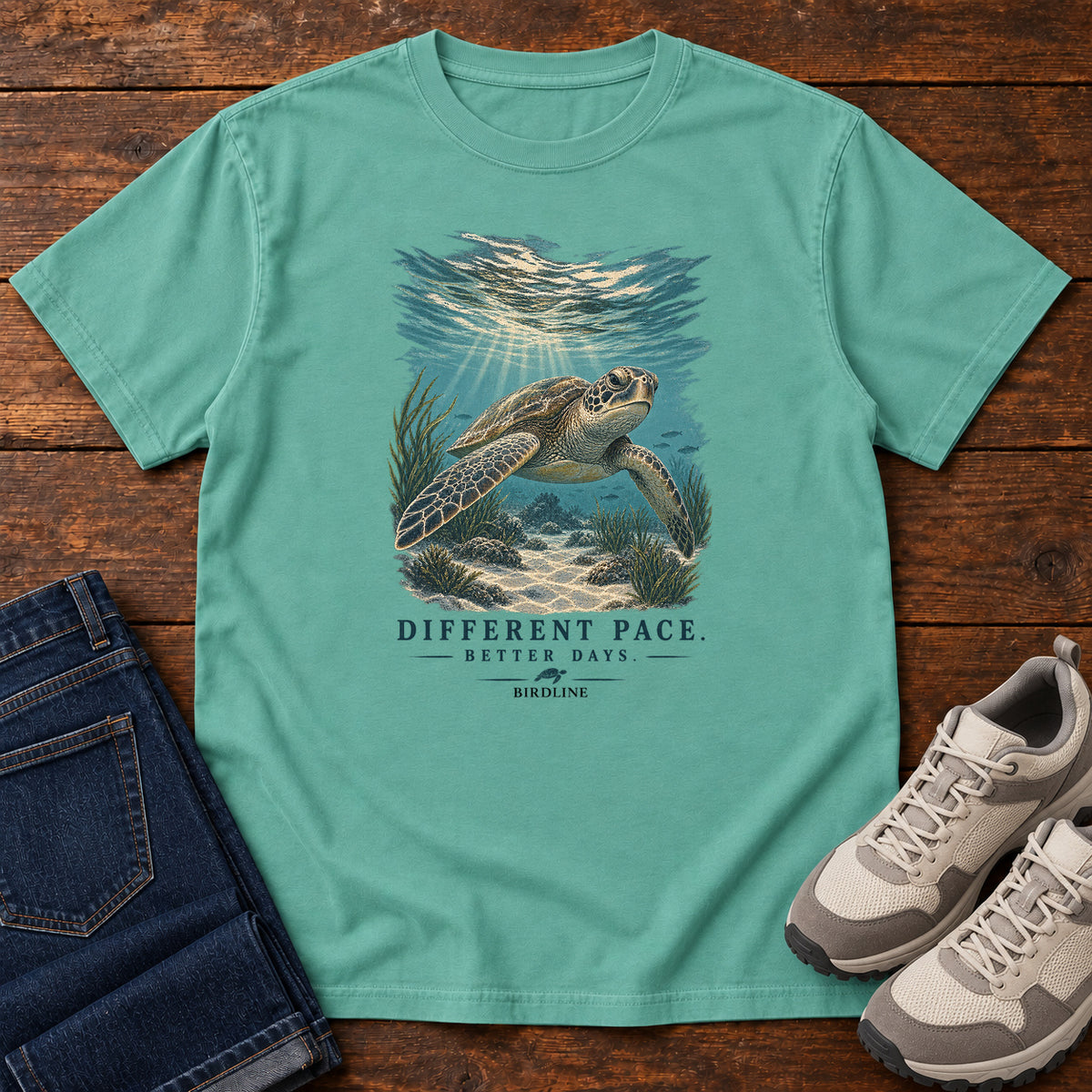 Different Pace Better Days Turtle T-Shirt in Seafoam