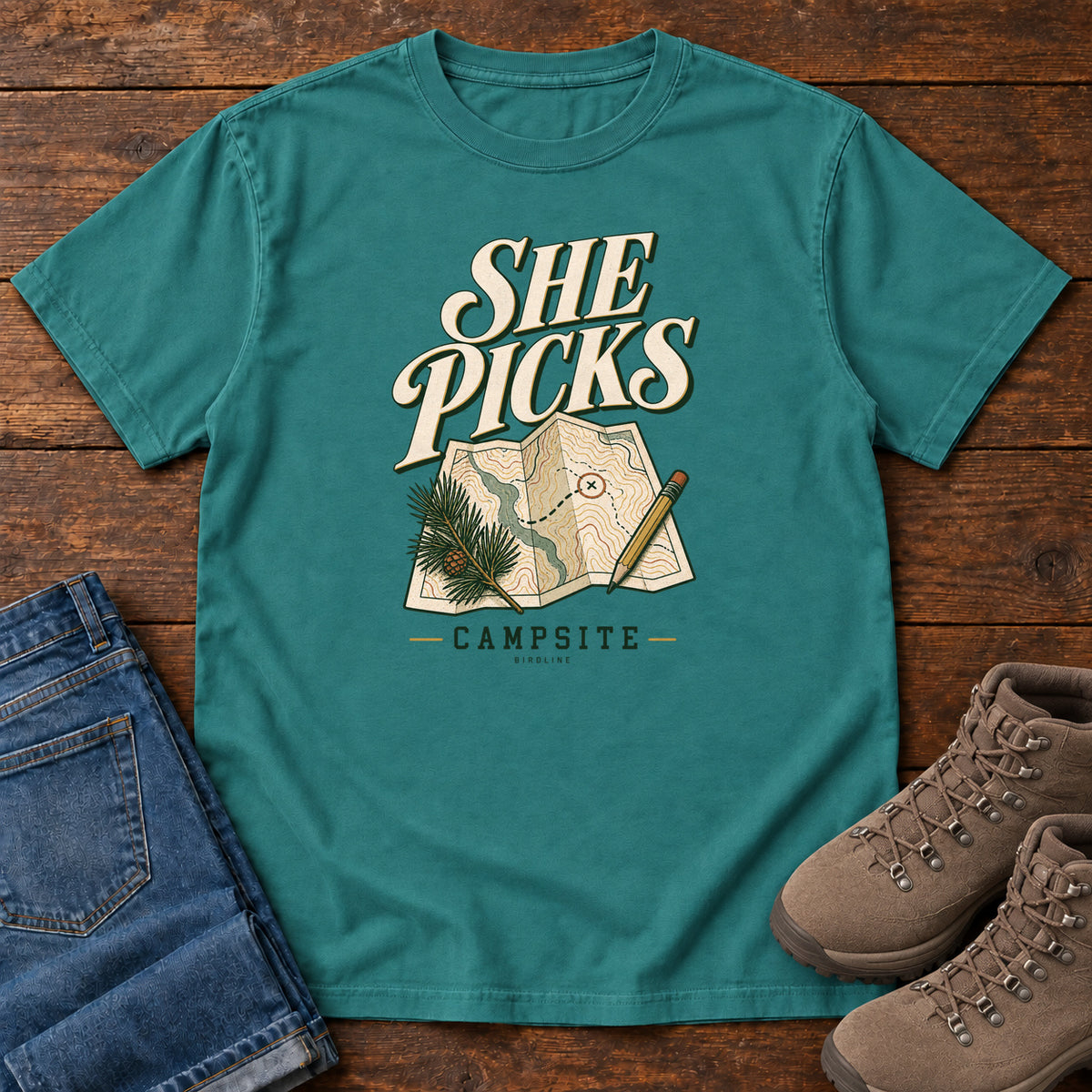 Emerald She Picks the Campsite T-Shirt with cream lettering, a folded map, pencil and evergreen sprig, front flat lay on wood.