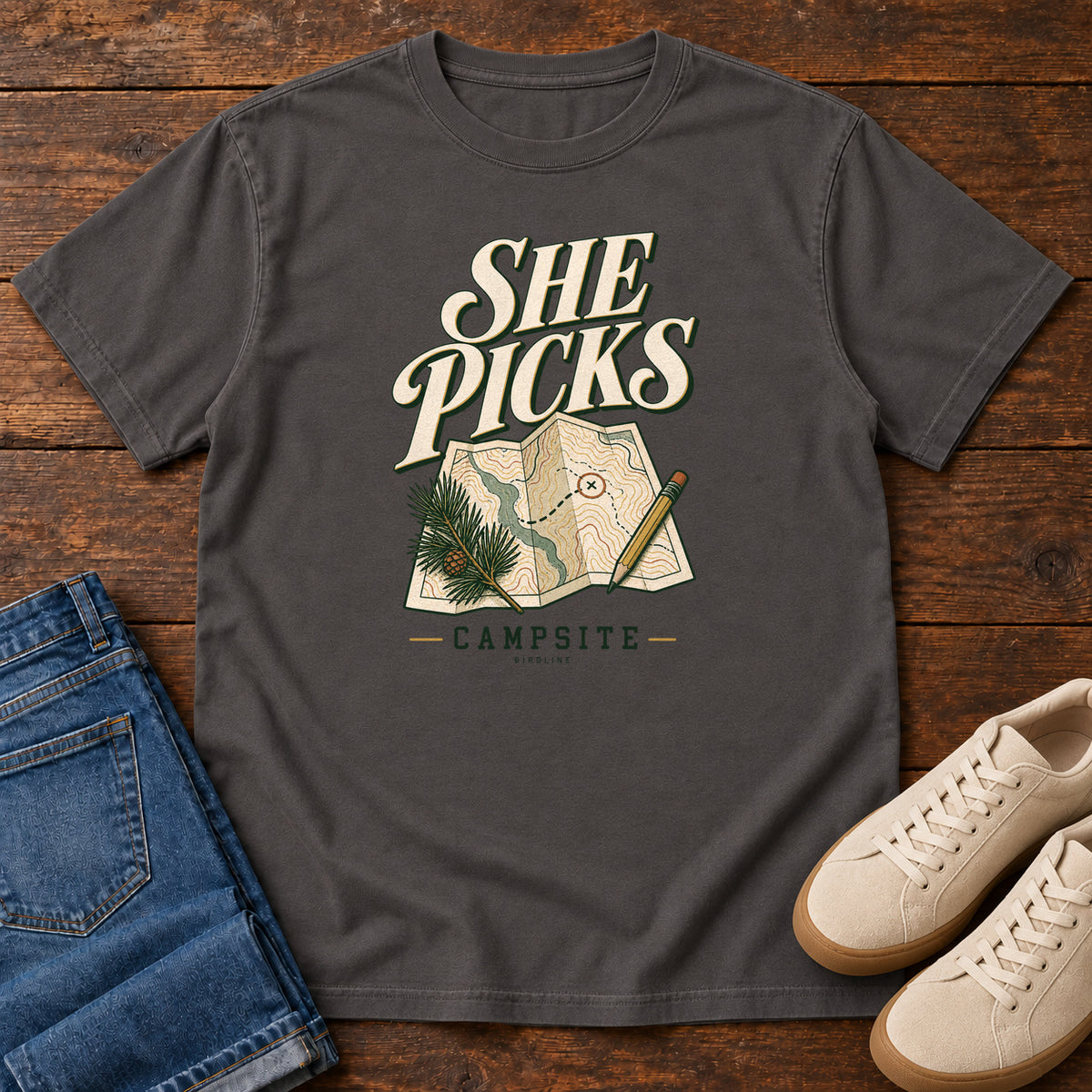 Graphite She Picks the Campsite T-Shirt with cream lettering, a folded map, pencil and evergreen sprig, front flat lay on wood.