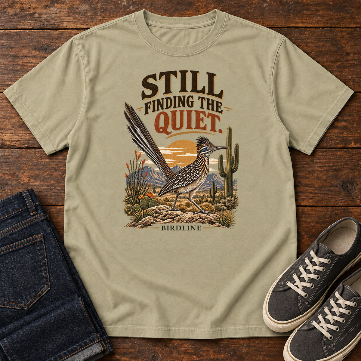 Still Finding the Quiet Roadrunner T-Shirt in Khaki