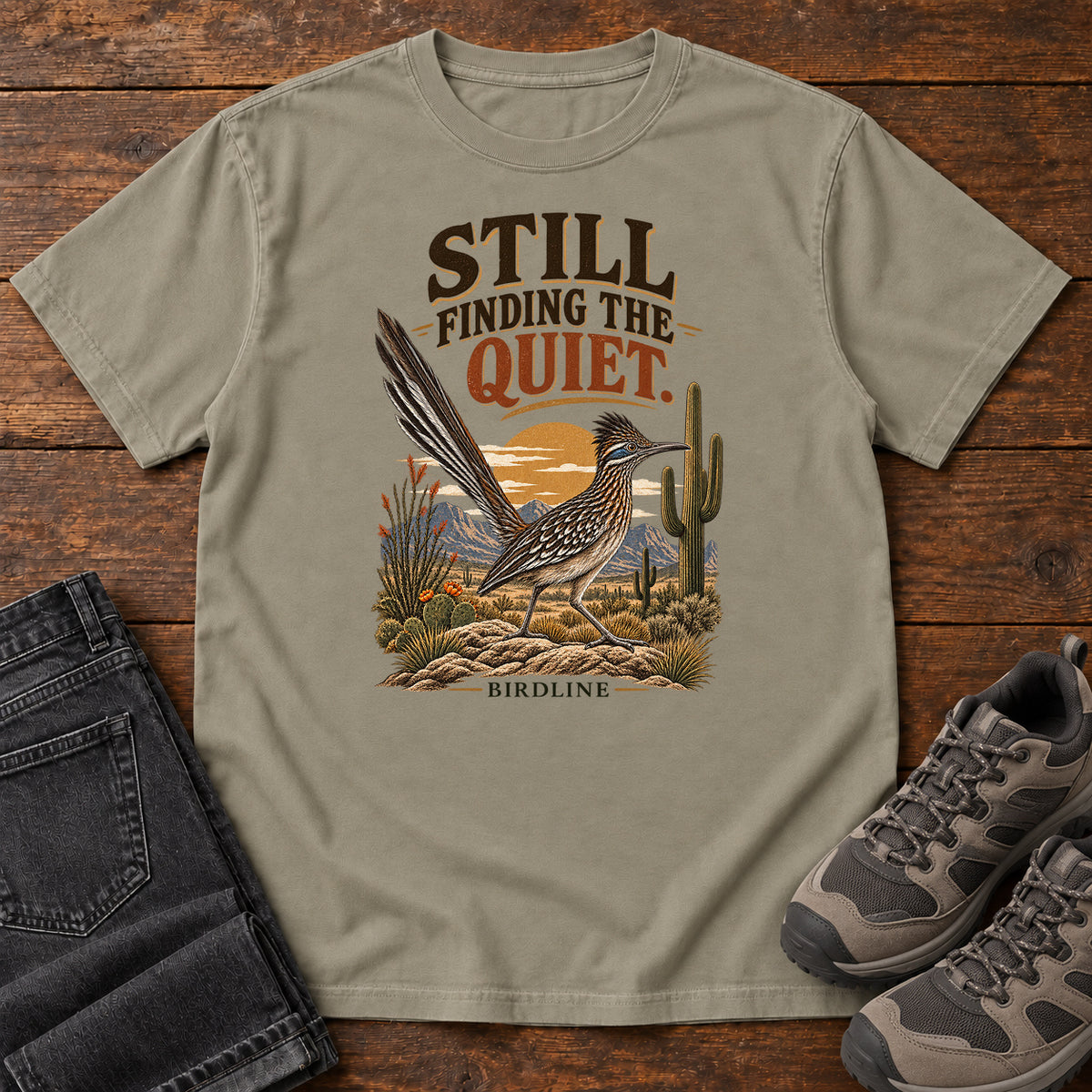 Still Finding the Quiet Roadrunner T-Shirt in Sandstone