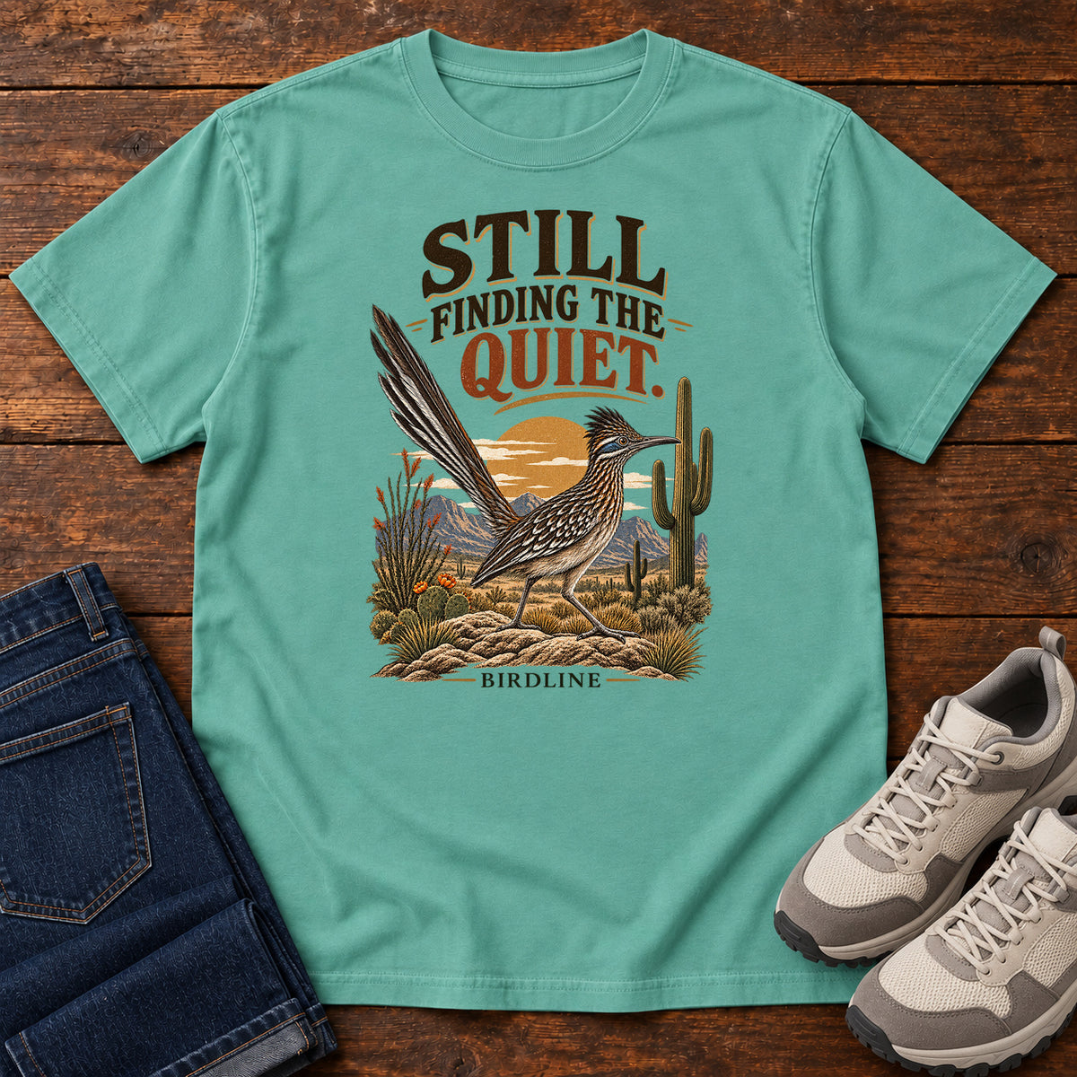 Still Finding the Quiet Roadrunner T-Shirt in Seafoam