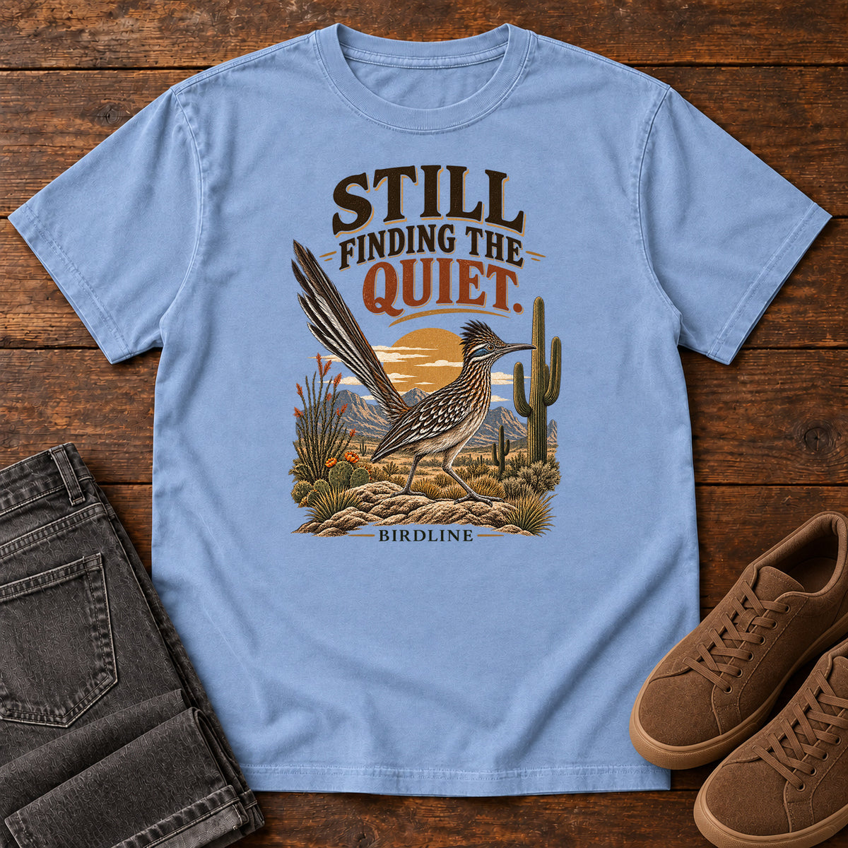 Still Finding the Quiet Roadrunner T-Shirt in Washed Denim