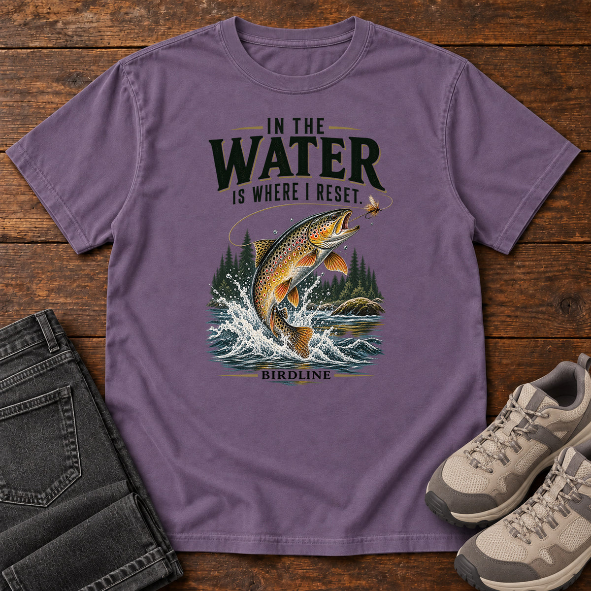 In the Water Is Where I Reset Trout T-Shirt in Grape