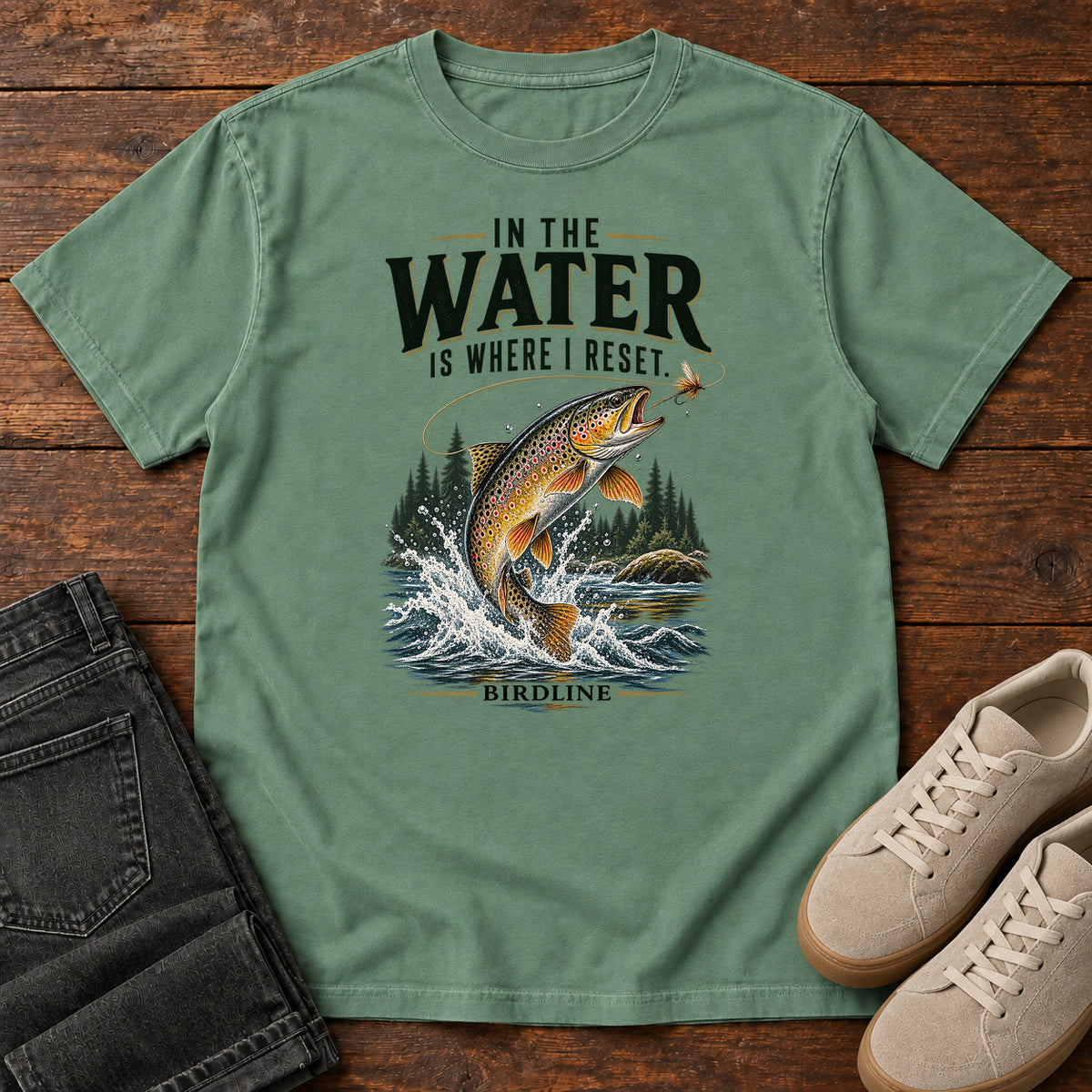 In the Water Is Where I Reset Trout T-Shirt in Light Green