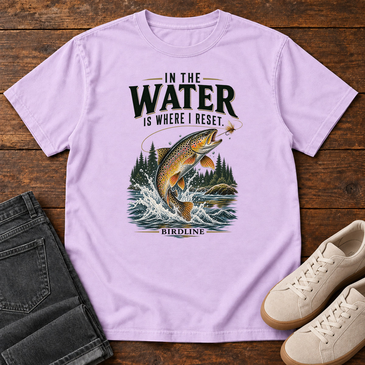 In the Water Is Where I Reset Trout T-Shirt in Orchid