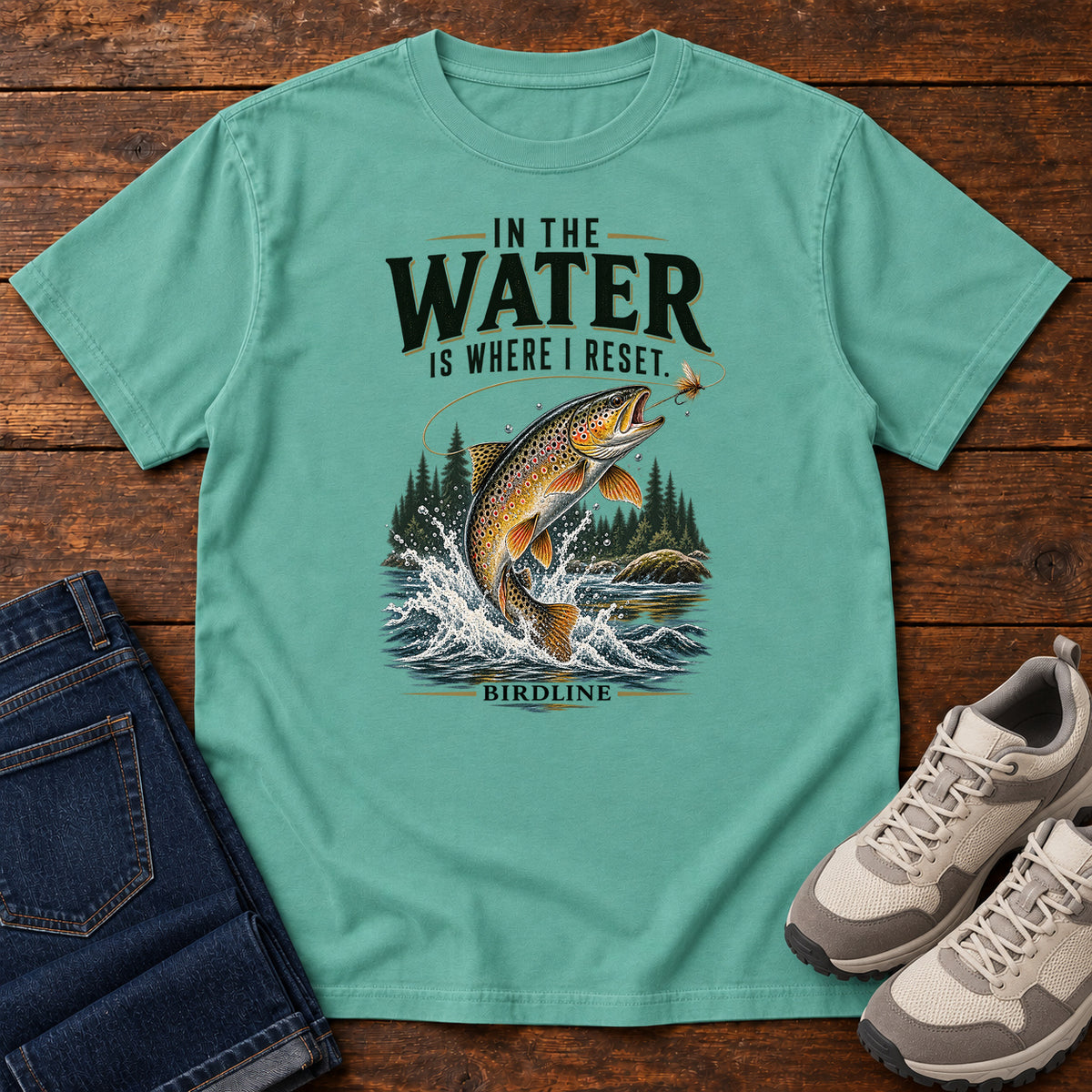 In the Water Is Where I Reset Trout T-Shirt in Seafoam