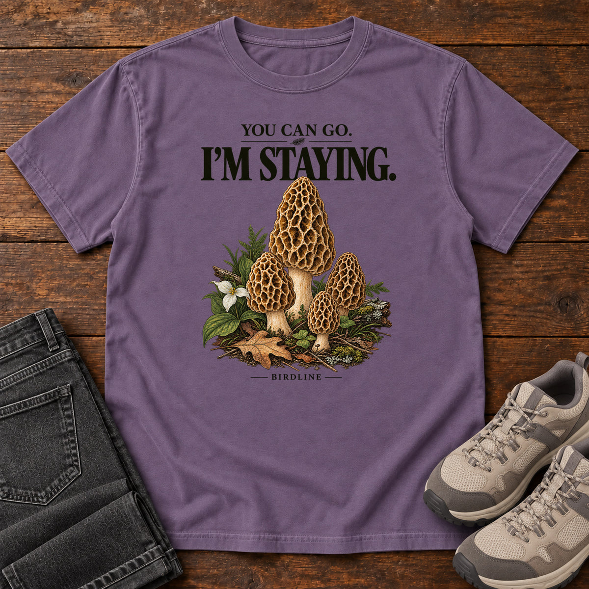 You Can Go I'm Staying Morel Mushrooms T-Shirt in Grape