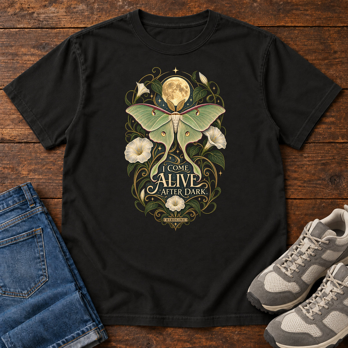 I Come Alive After Dark Moth T-Shirt – Moonlit in Black
