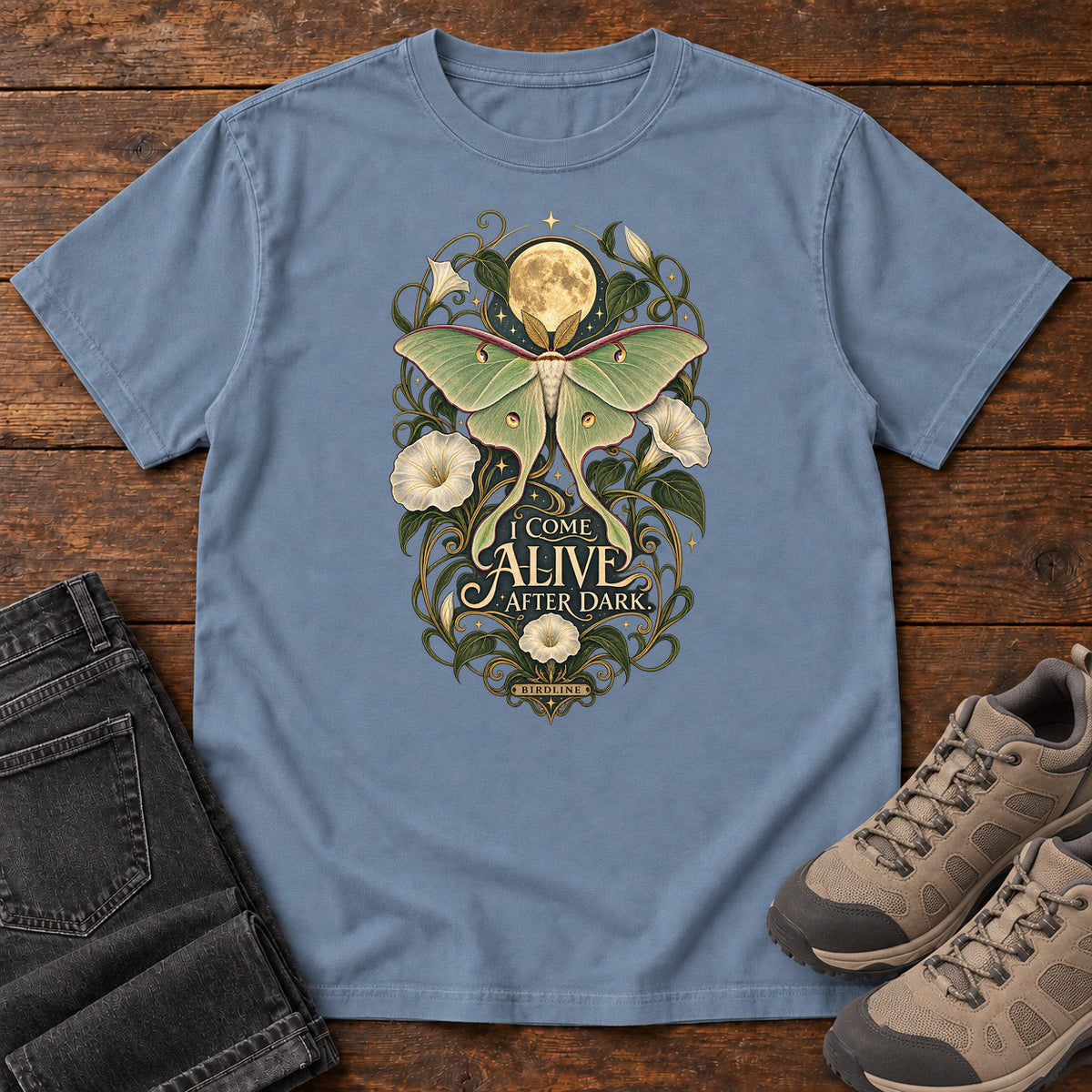I Come Alive After Dark Moth T-Shirt – Moonlit in Blue Jean