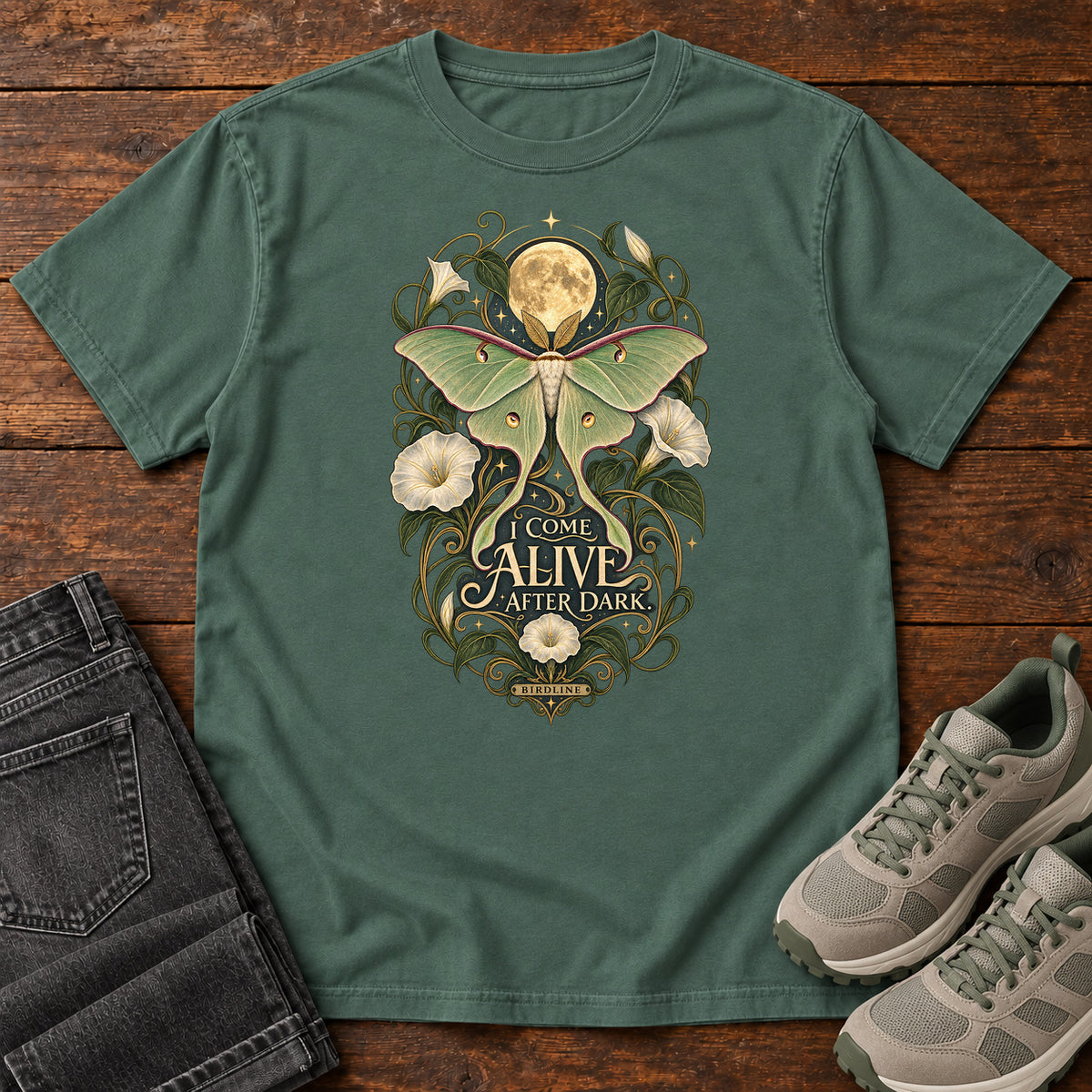 I Come Alive After Dark Moth T-Shirt – Moonlit in Blue Spruce