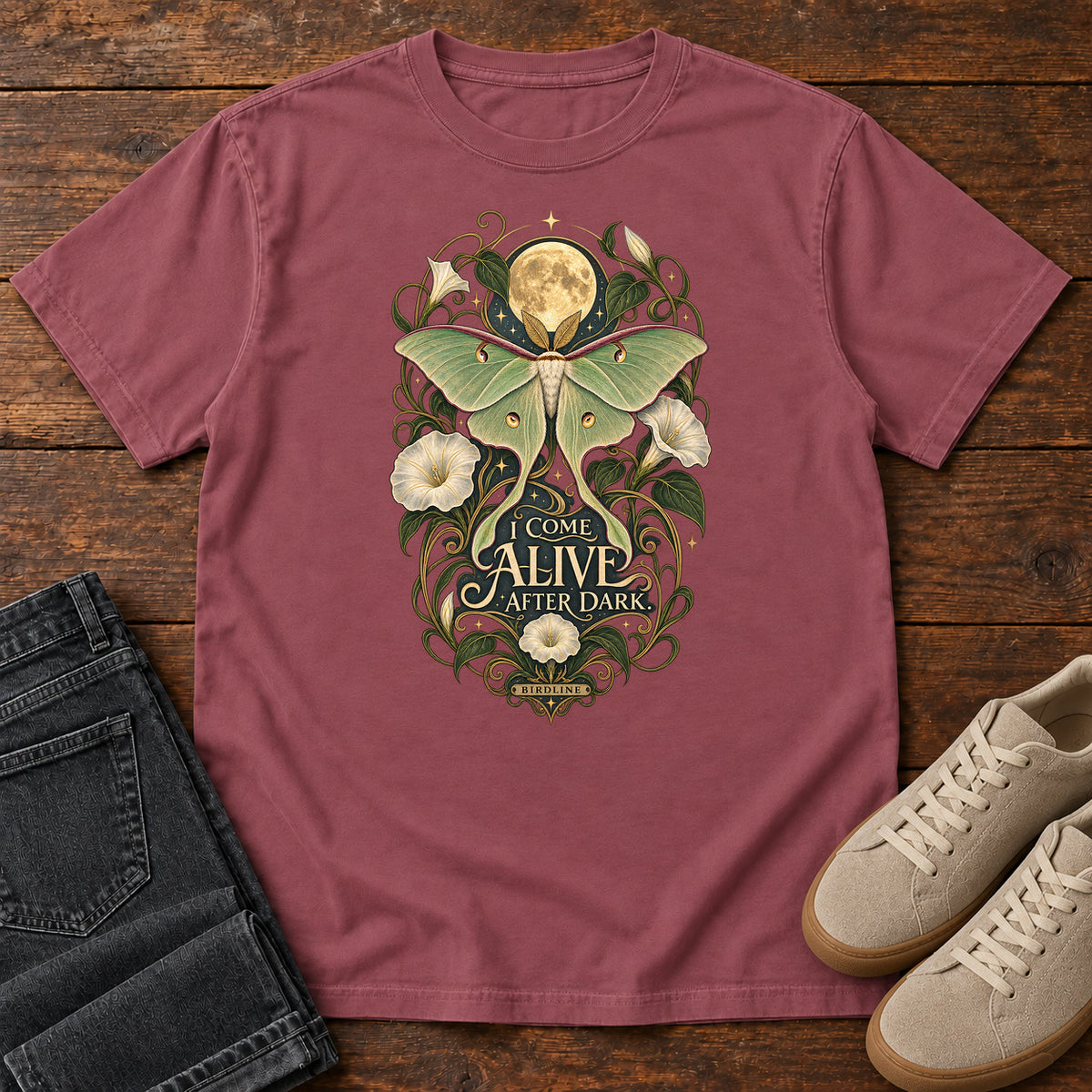I Come Alive After Dark Moth T-Shirt – Moonlit in Brick