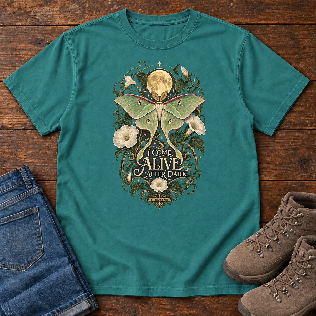I Come Alive After Dark Moth T-Shirt – Moonlit in Emerald