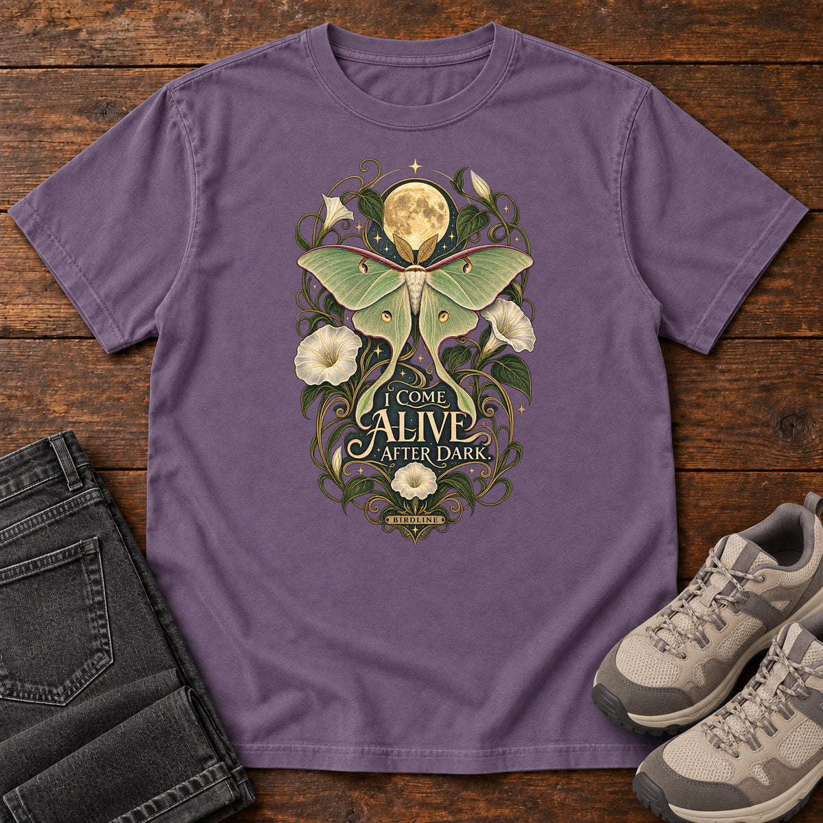 I Come Alive After Dark Moth T-Shirt – Moonlit in Grape