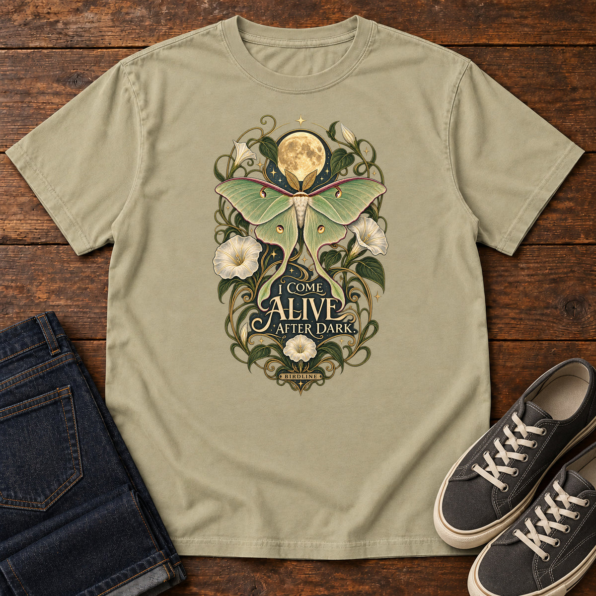 I Come Alive After Dark Moth T-Shirt – Moonlit in Khaki