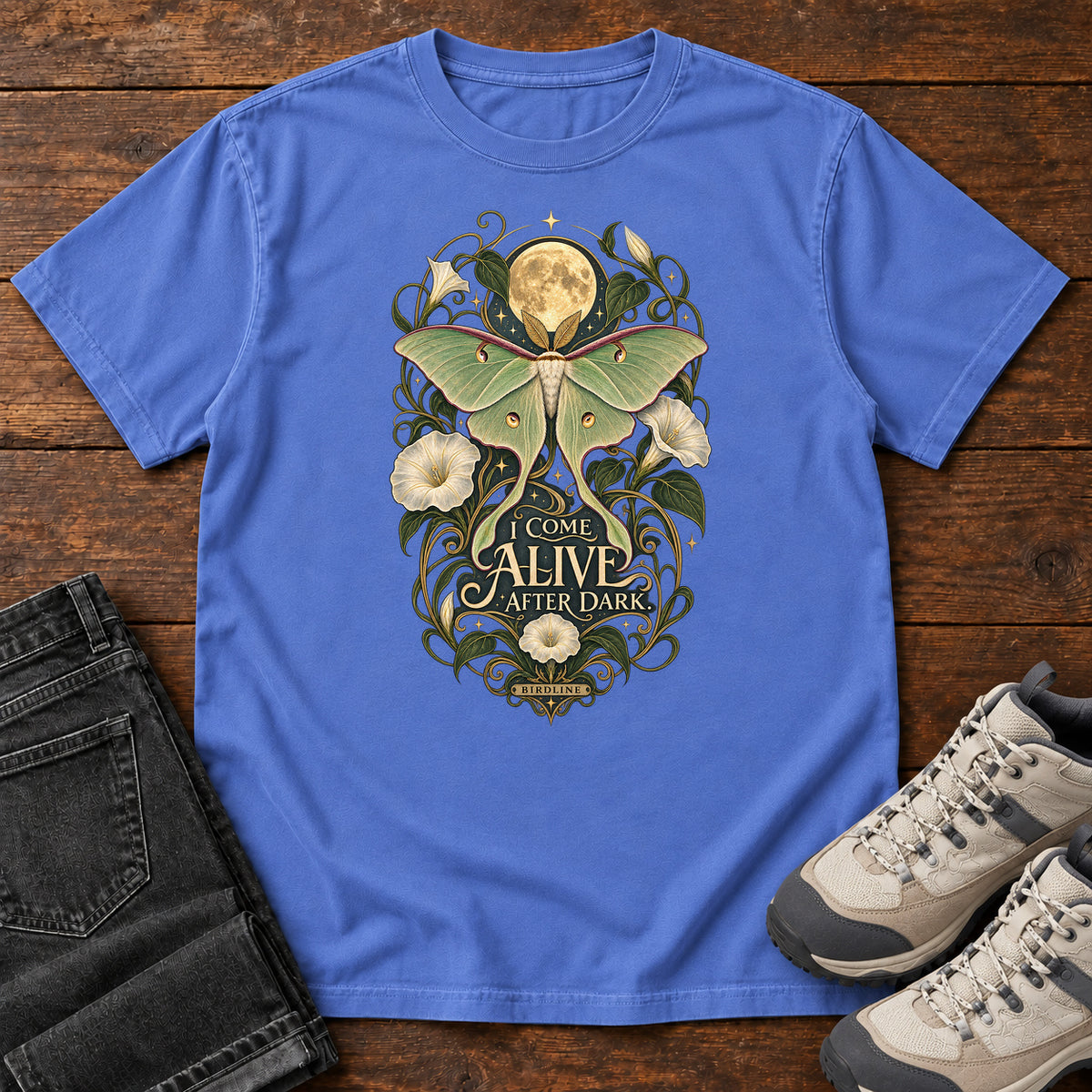 I Come Alive After Dark Moth T-Shirt – Moonlit in Mystic Blue