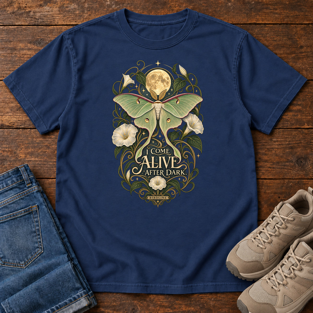 I Come Alive After Dark Moth T-Shirt – Moonlit in True Navy