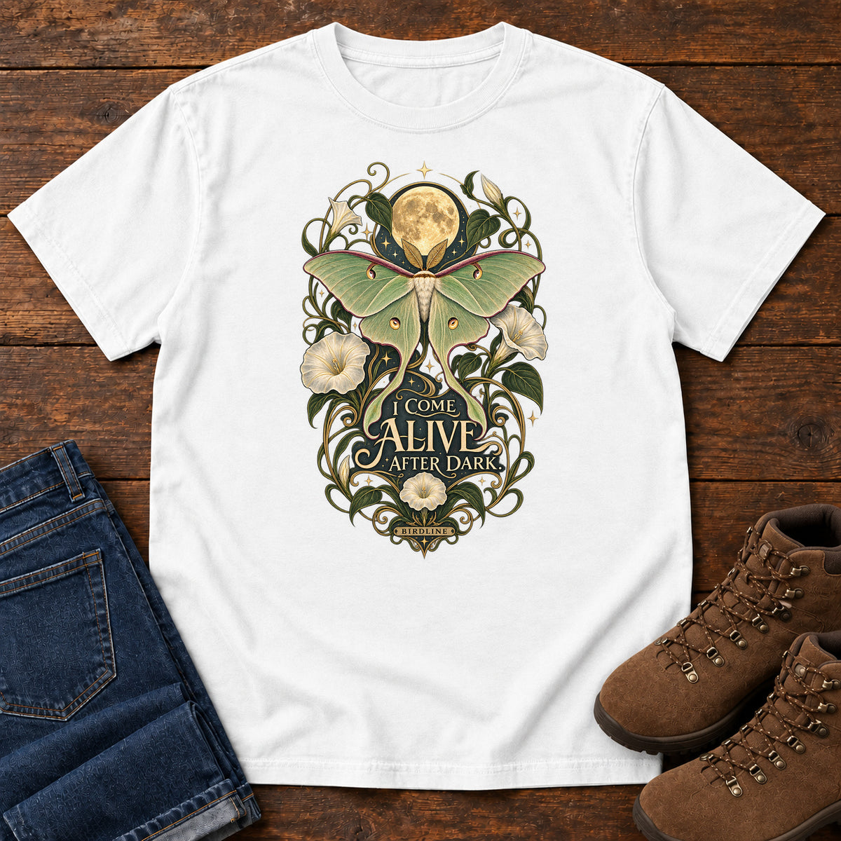 I Come Alive After Dark Moth T-Shirt – Moonlit in White