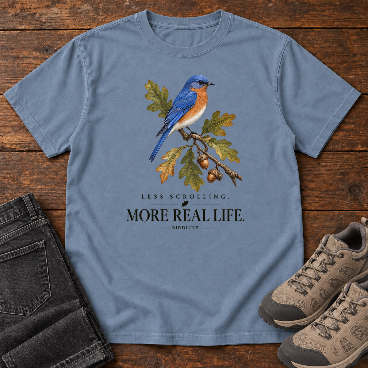 Less Scrolling More Real Life Bluebird T-Shirt in Blue Jean