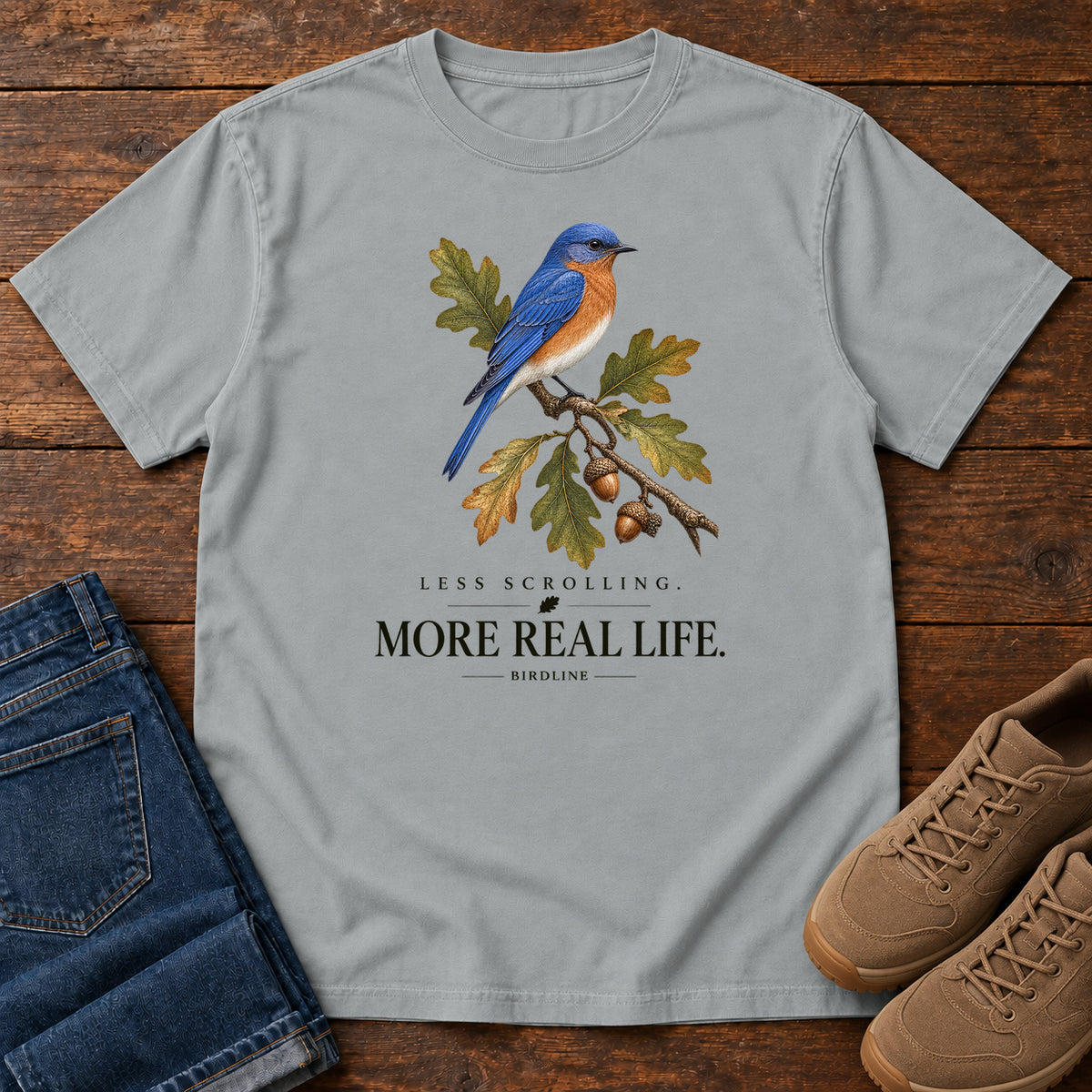 Less Scrolling More Real Life Bluebird T-Shirt in Granite