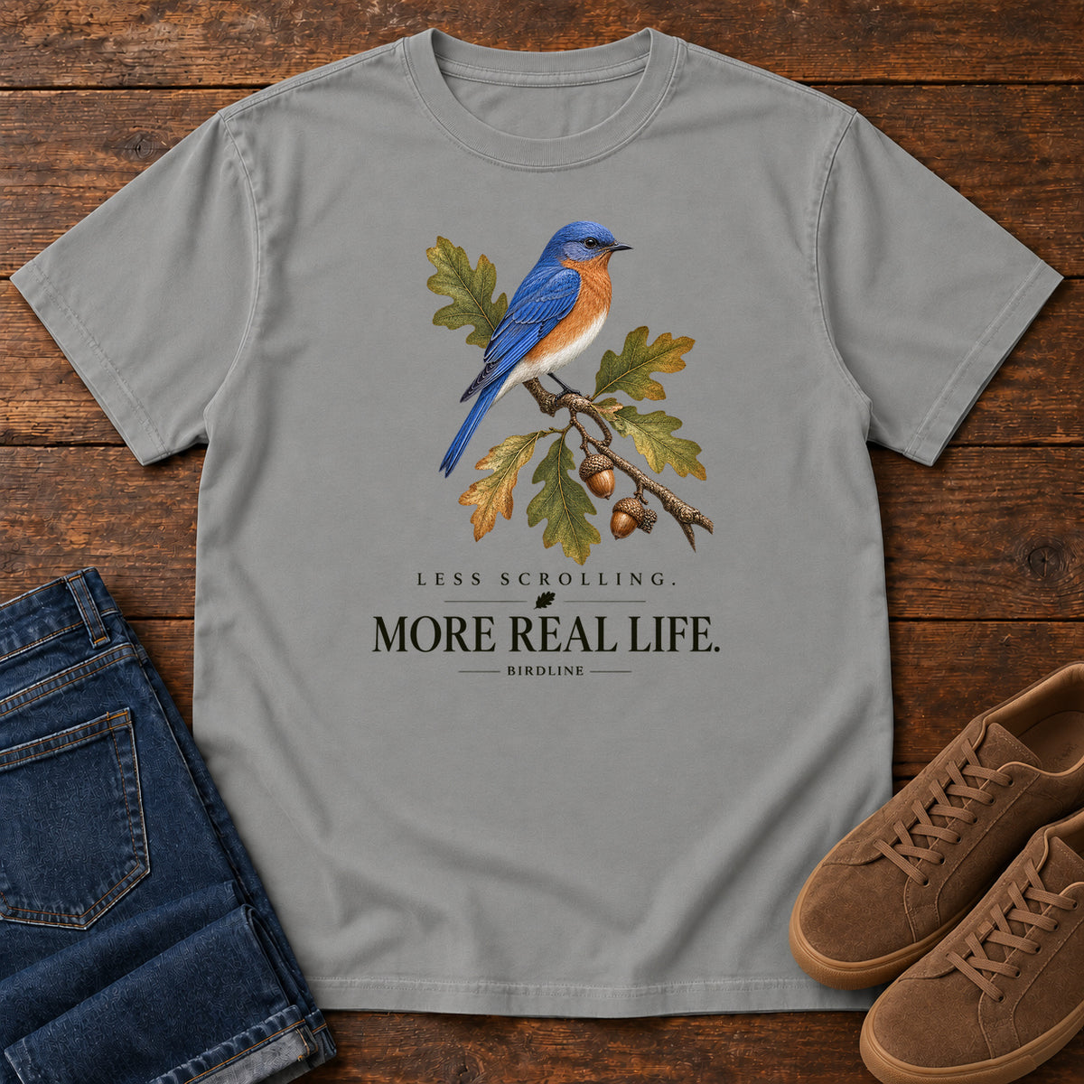 Less Scrolling More Real Life Bluebird T-Shirt in Grey