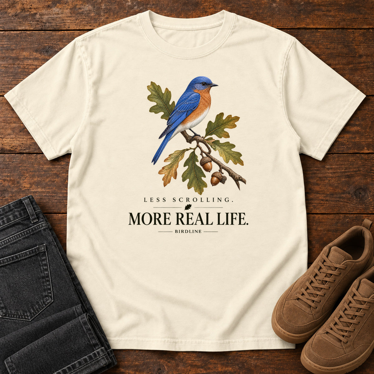 Less Scrolling More Real Life Bluebird T-Shirt in Ivory