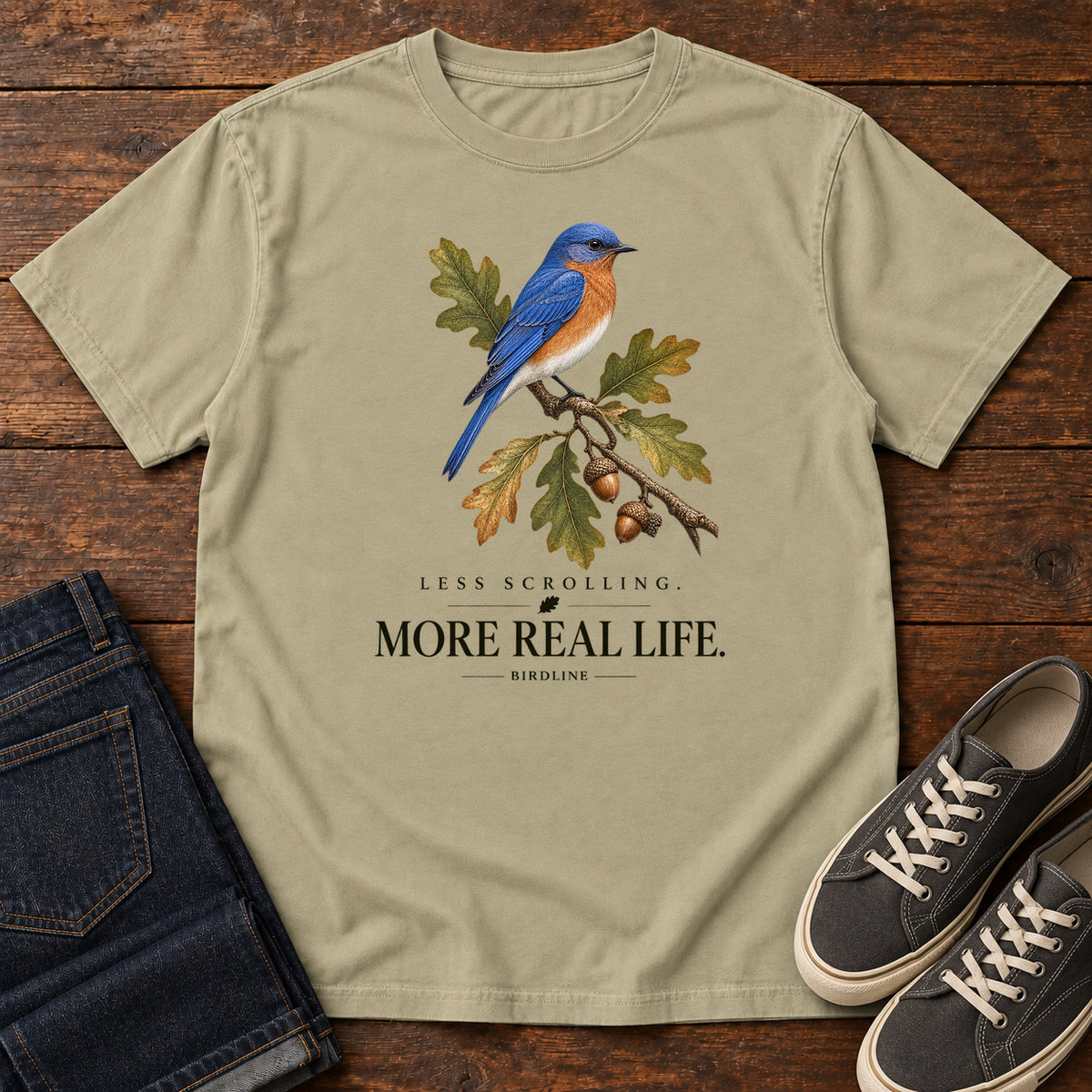 Less Scrolling More Real Life Bluebird T-Shirt in Khaki