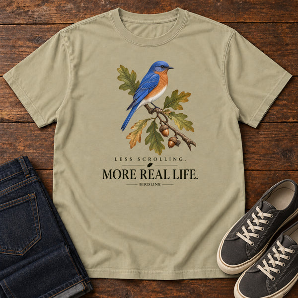Less Scrolling More Real Life Bluebird T-Shirt in Khaki, front view