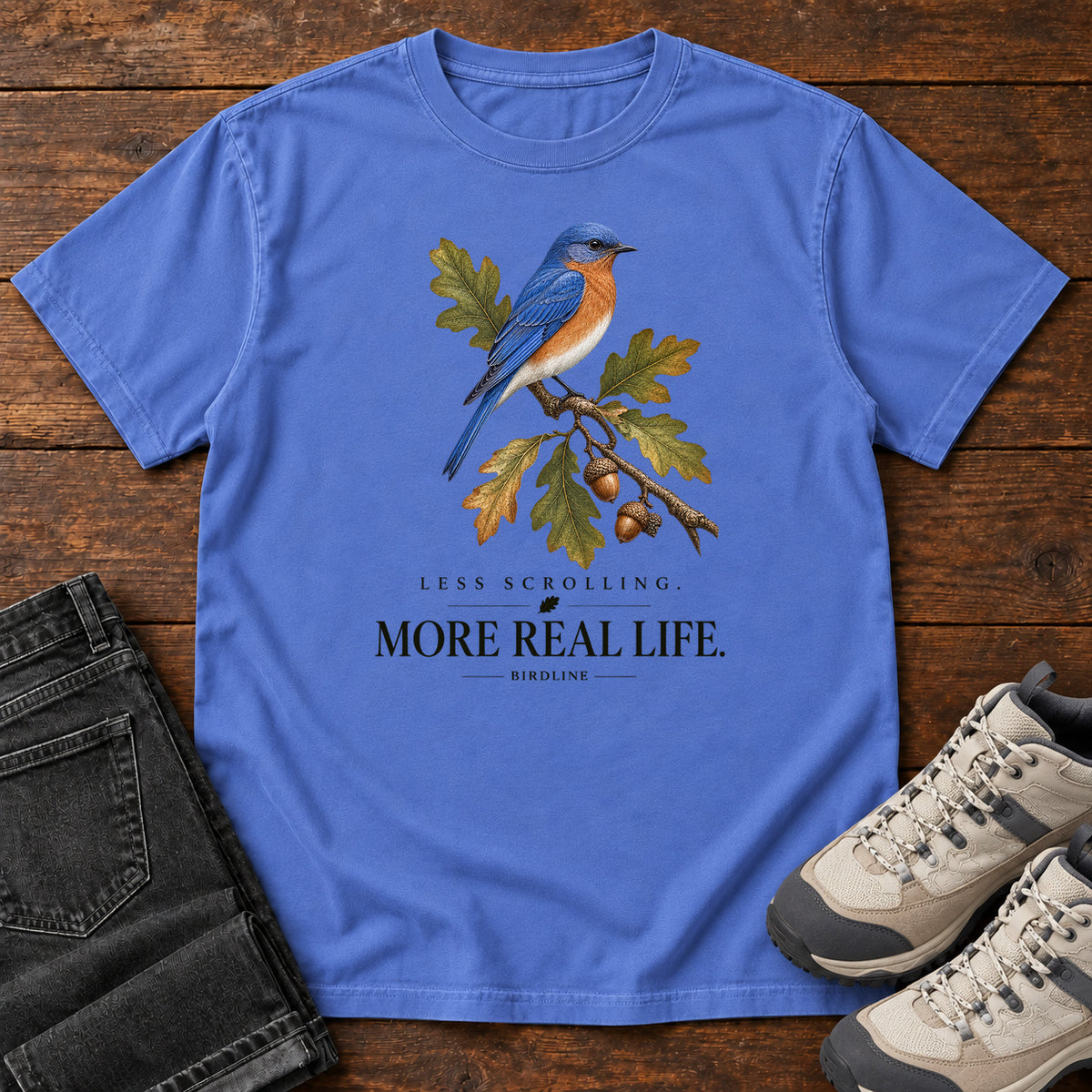 Less Scrolling More Real Life Bluebird T-Shirt in Mystic Blue