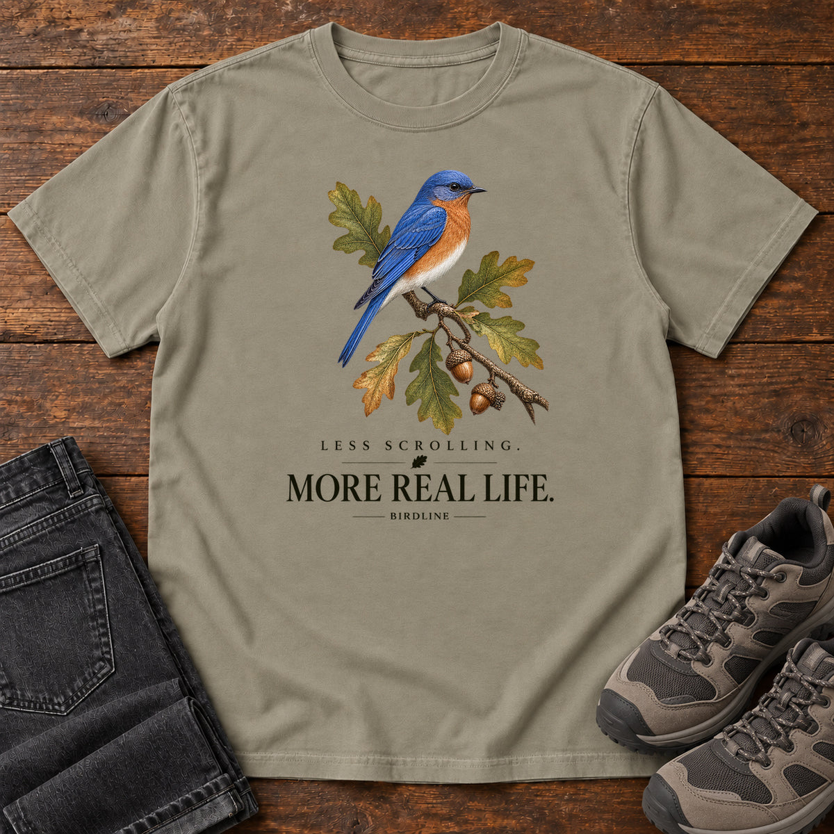 Less Scrolling More Real Life Bluebird T-Shirt in Sandstone