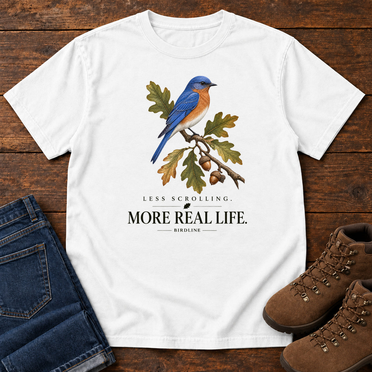 Less Scrolling More Real Life Bluebird T-Shirt in White