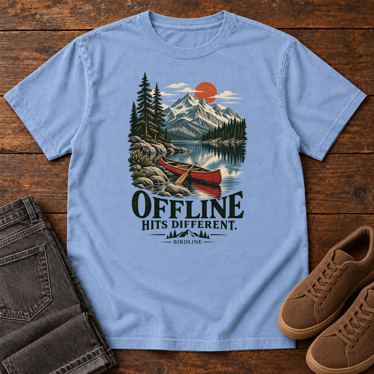Offline Hits Different Canoe T-Shirt in Washed Denim