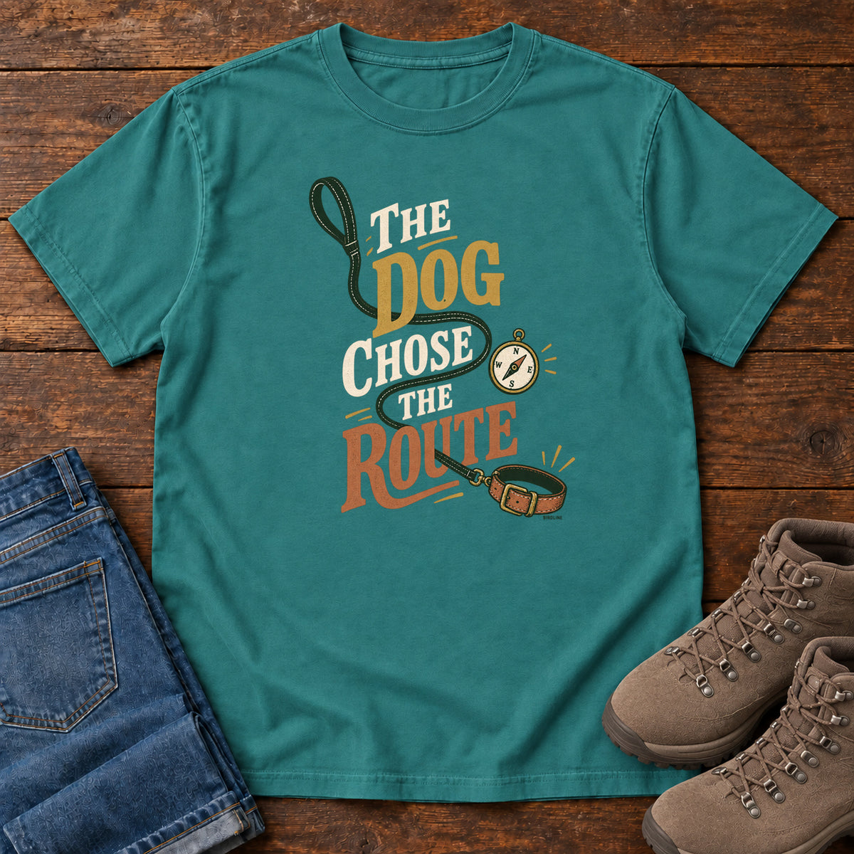 Emerald The Dog Chose the Route T-Shirt with a green leash, dog collar and compass around stacked lettering; front flat lay on wood.