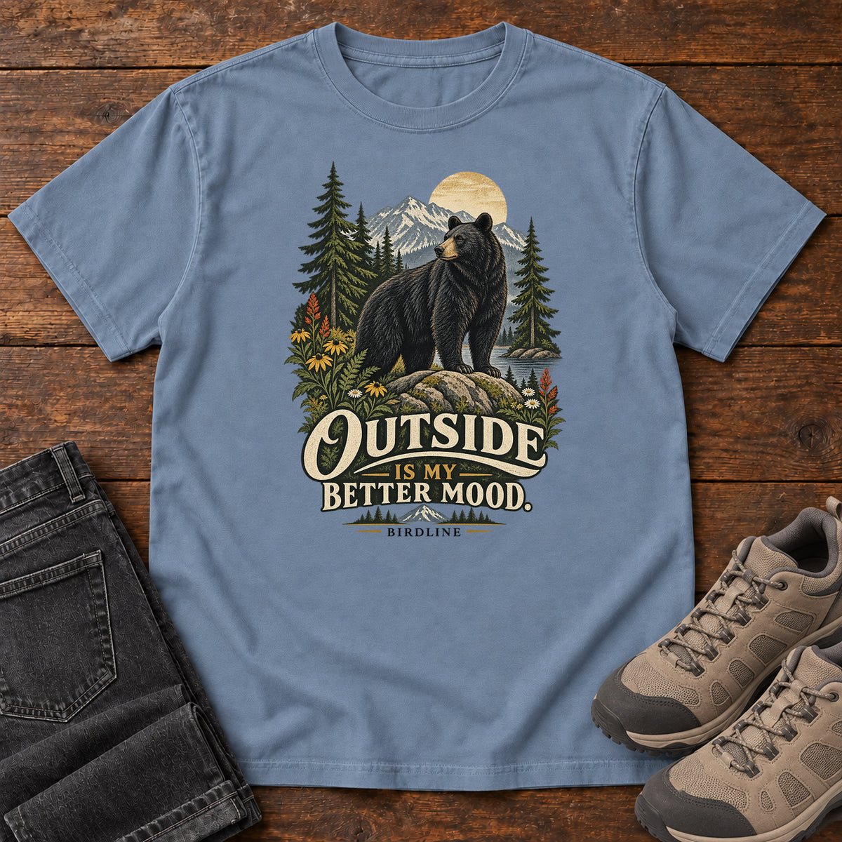 Outside Is My Better Mood Bear T-Shirt – Summit in Blue Jean