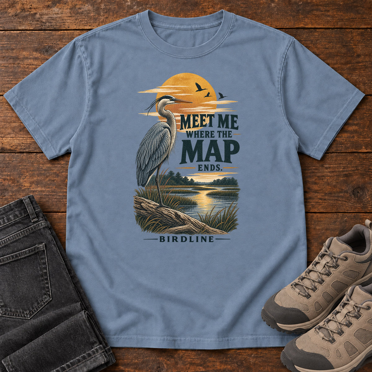 Meet Me Where the Map Ends Heron T-Shirt in Blue Jean