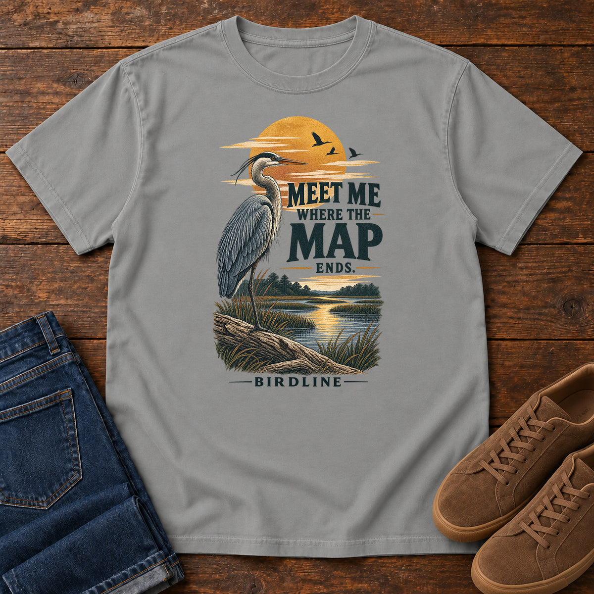 Meet Me Where the Map Ends Heron T-Shirt in Grey