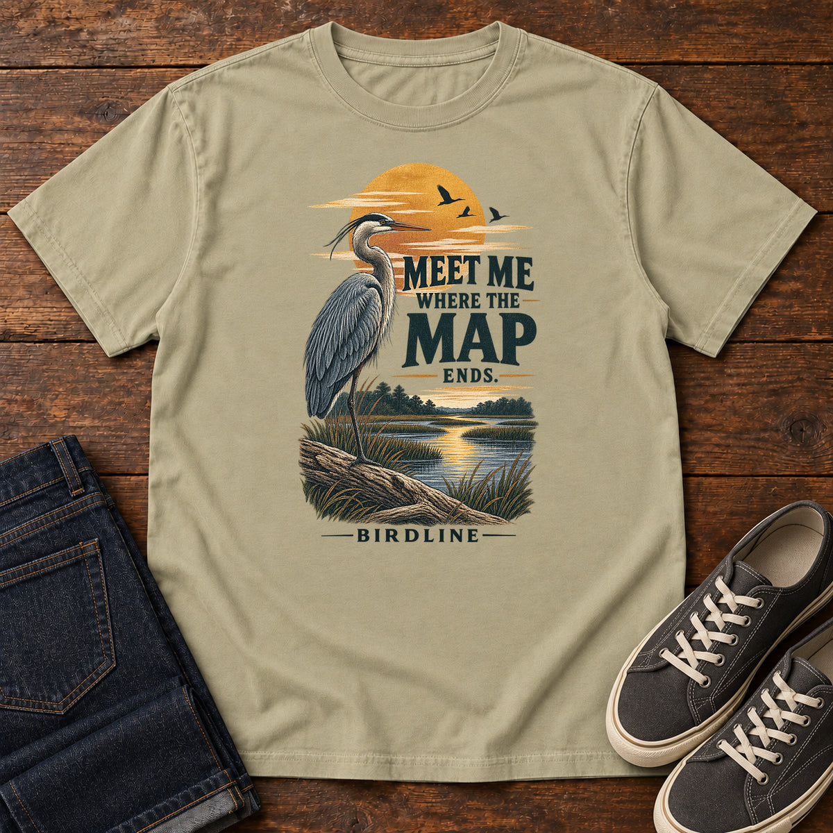Meet Me Where the Map Ends Heron T-Shirt in Khaki